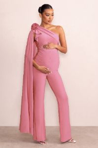 Nova | Blush Pink Maternity One Shoulder Cape Jumpsuit with Flower Detail sold by Club L London