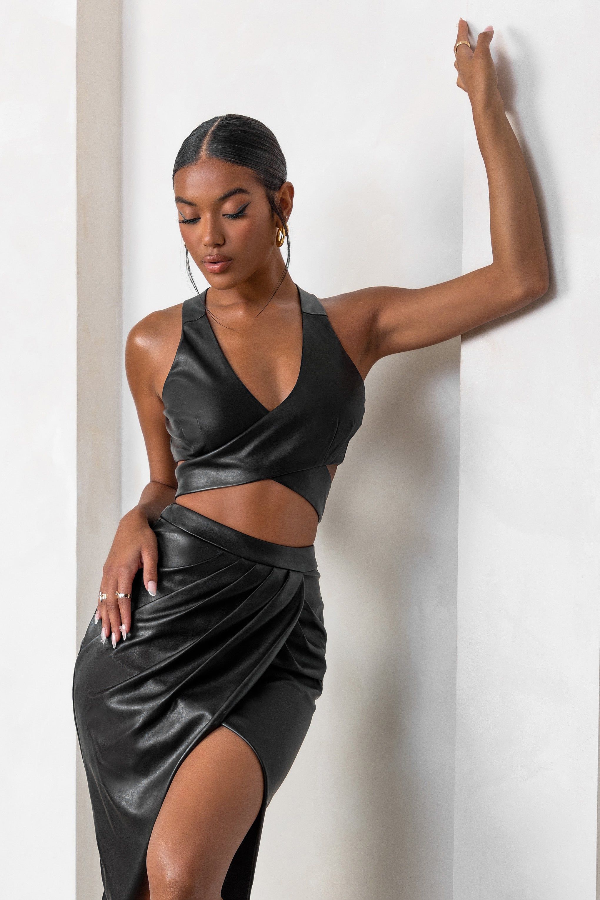 Envisioned | Black Faux Leather Plunge Neck Side Cut Wrap Crop Top sold by Club L London product image thumbnail 4