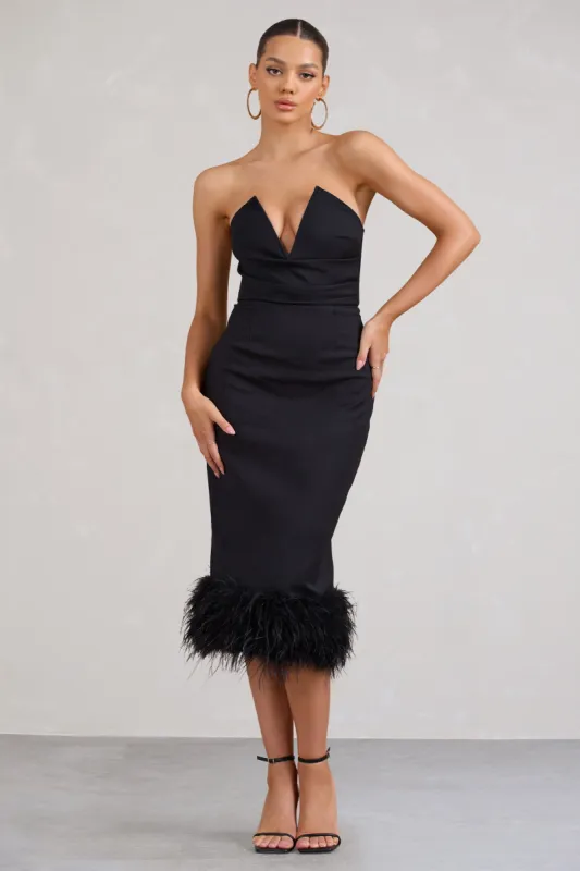 Kensington | Black Bodycon Midi Dress With Statement Feather Trim sold by Club L London