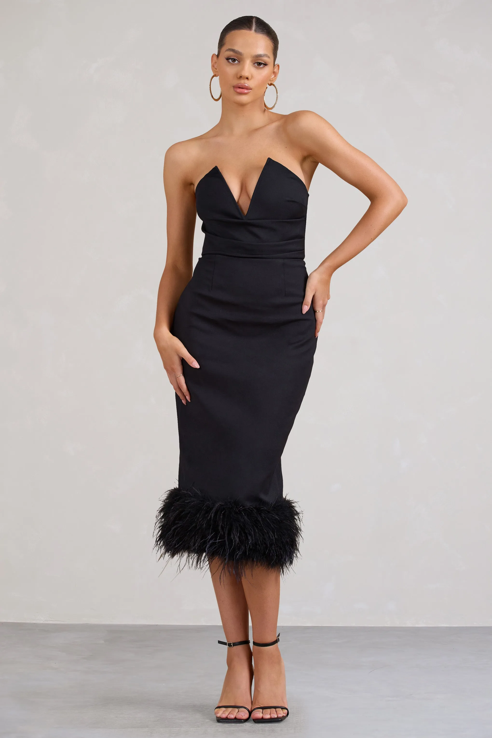 Kensington | Black Bodycon Midi Dress With Statement Feather Trim sold by Club L London
