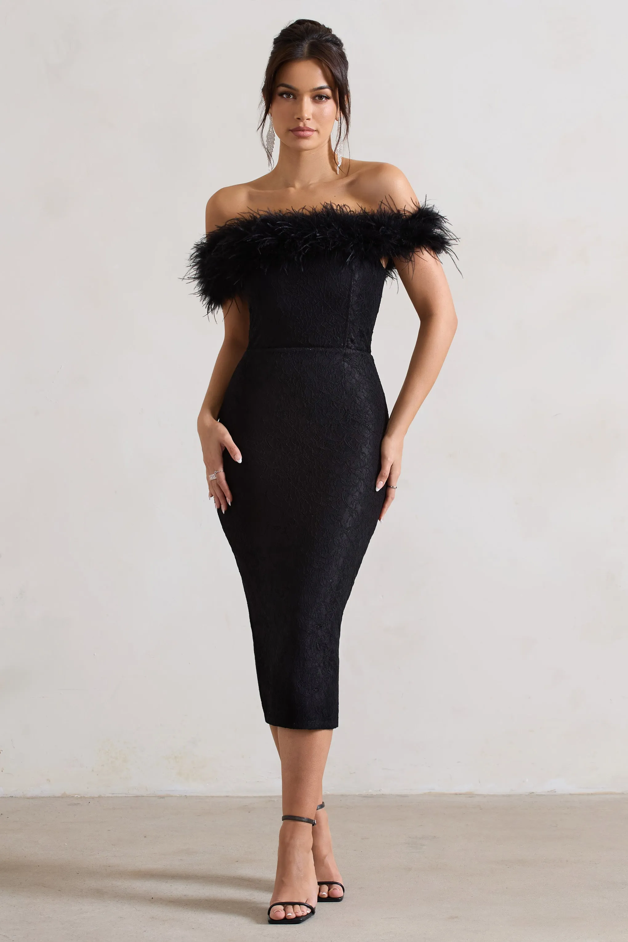 Maiden | Black Lace Bardot Midi Dress With Feather Trim sold by Club L London
