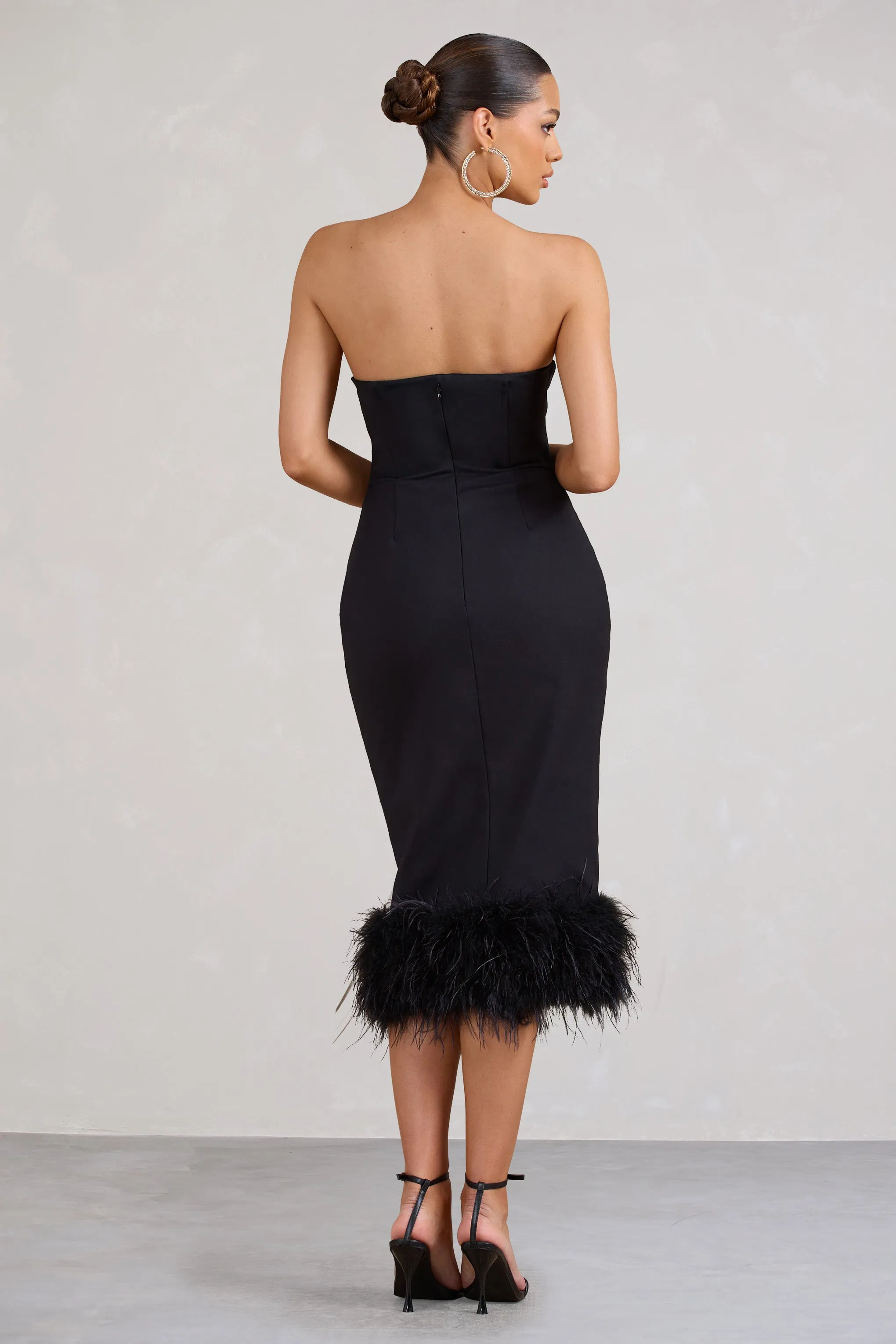Kensington | Black Bodycon Midi Dress With Statement Feather Trim sold by Club L London product image thumbnail 2