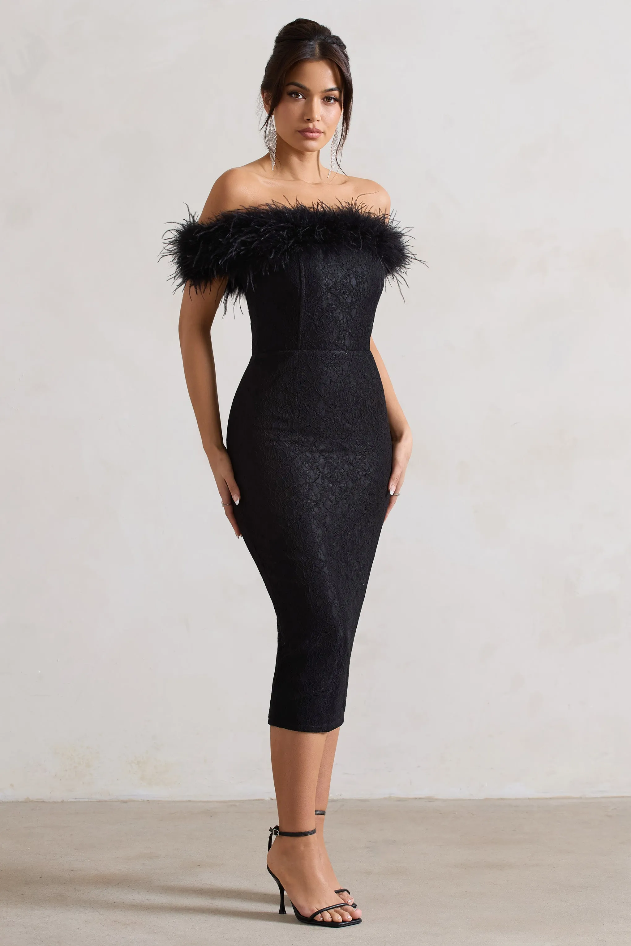 Maiden | Black Lace Bardot Midi Dress With Feather Trim sold by Club L London product image thumbnail 4