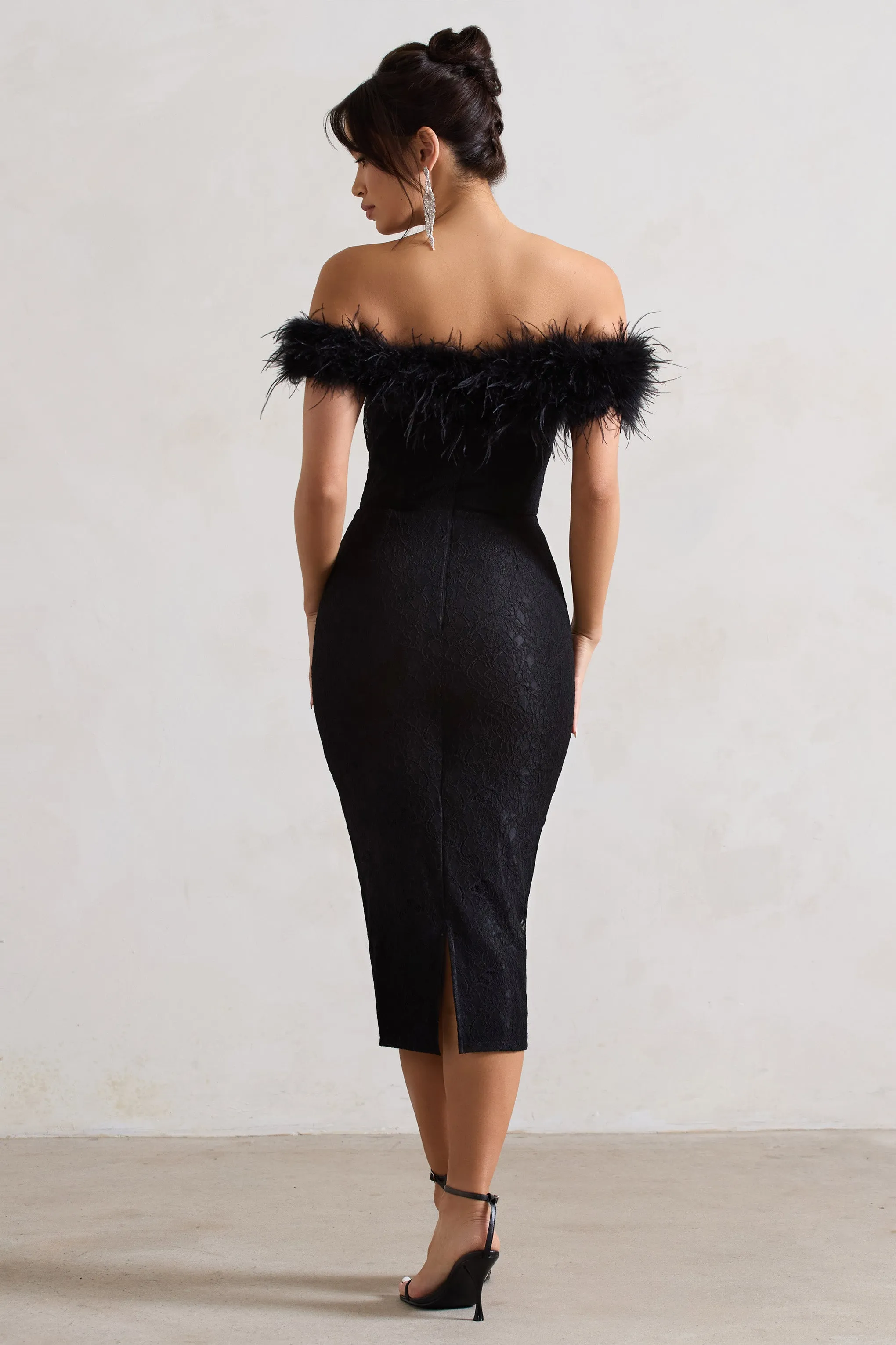 Maiden | Black Lace Bardot Midi Dress With Feather Trim sold by Club L London product image thumbnail 2