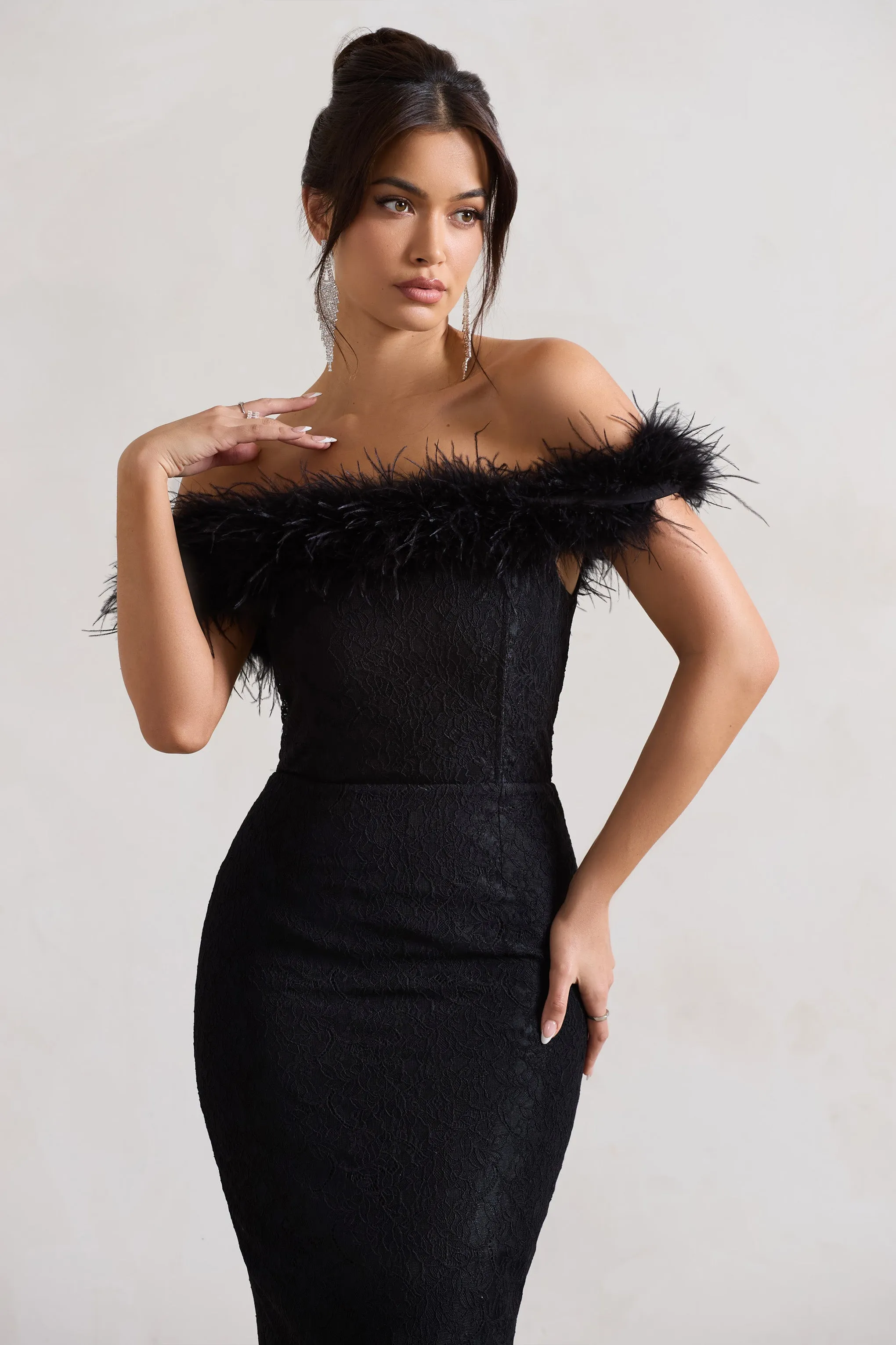 Maiden | Black Lace Bardot Midi Dress With Feather Trim sold by Club L London product image thumbnail 3