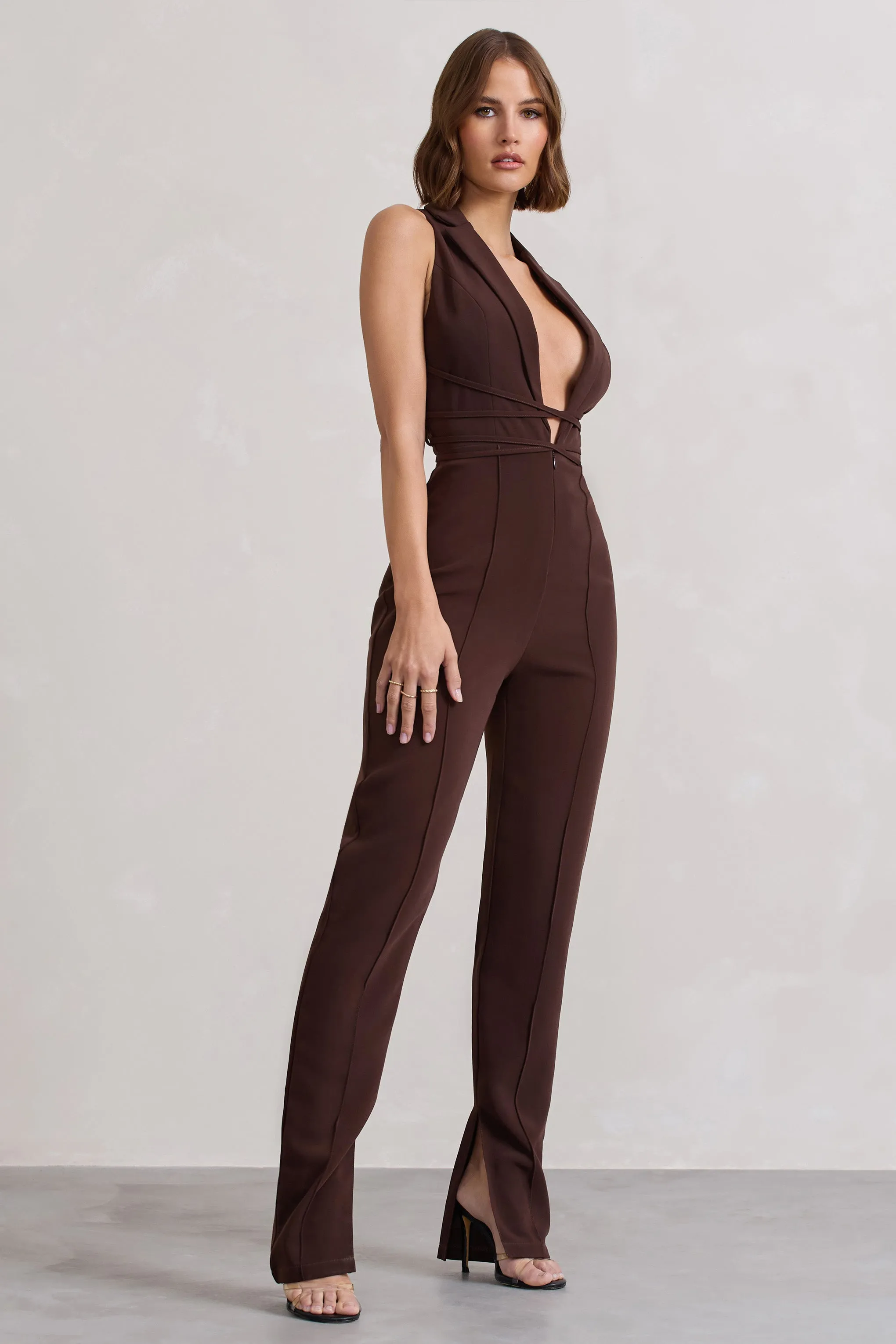 Darcy | Chocolate Brown Plunge Neck Tailored Jumpsuit With Tie Detail sold by Club L London product image thumbnail 5