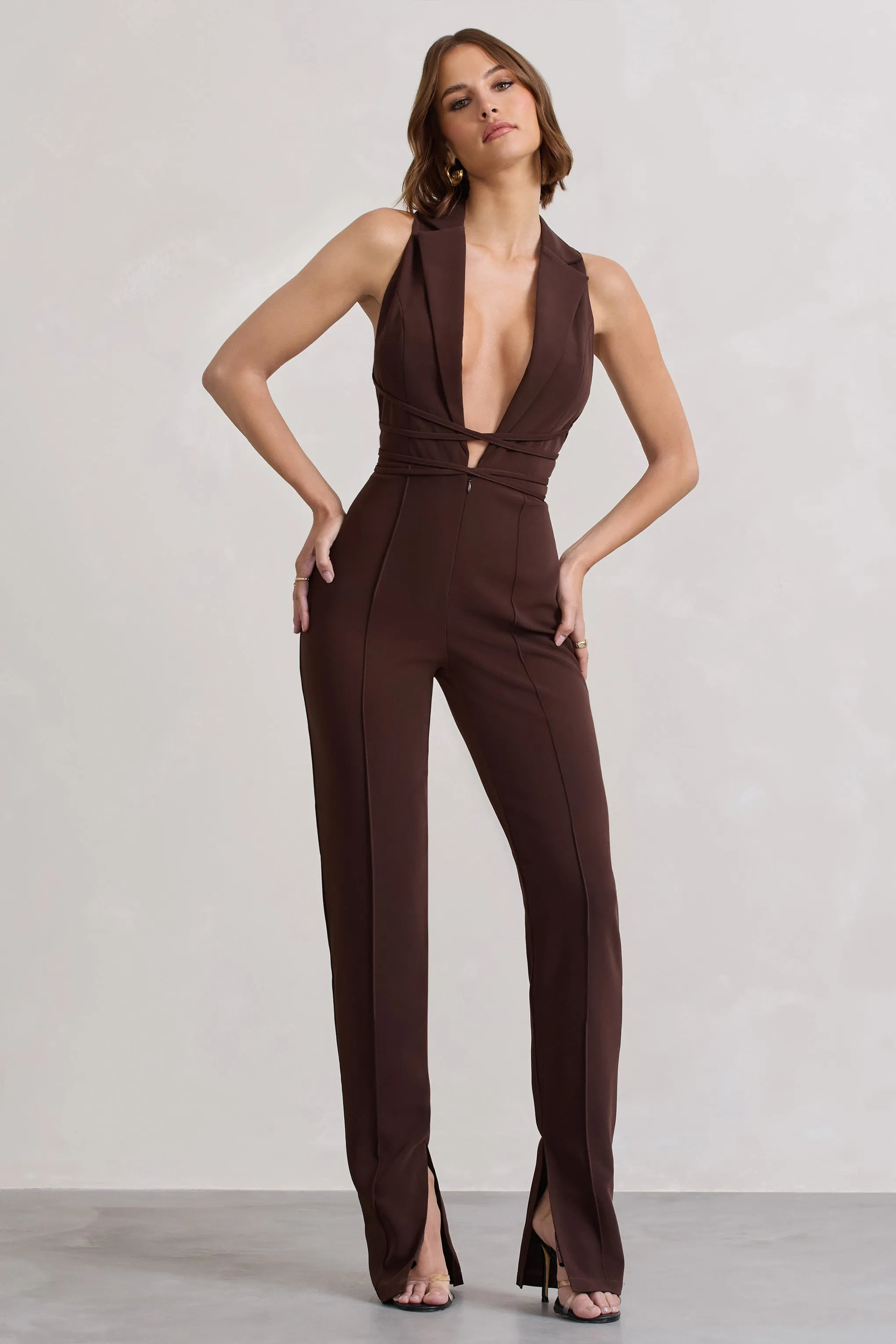 Darcy | Chocolate Brown Plunge Neck Tailored Jumpsuit With Tie Detail sold by Club L London product image thumbnail 2