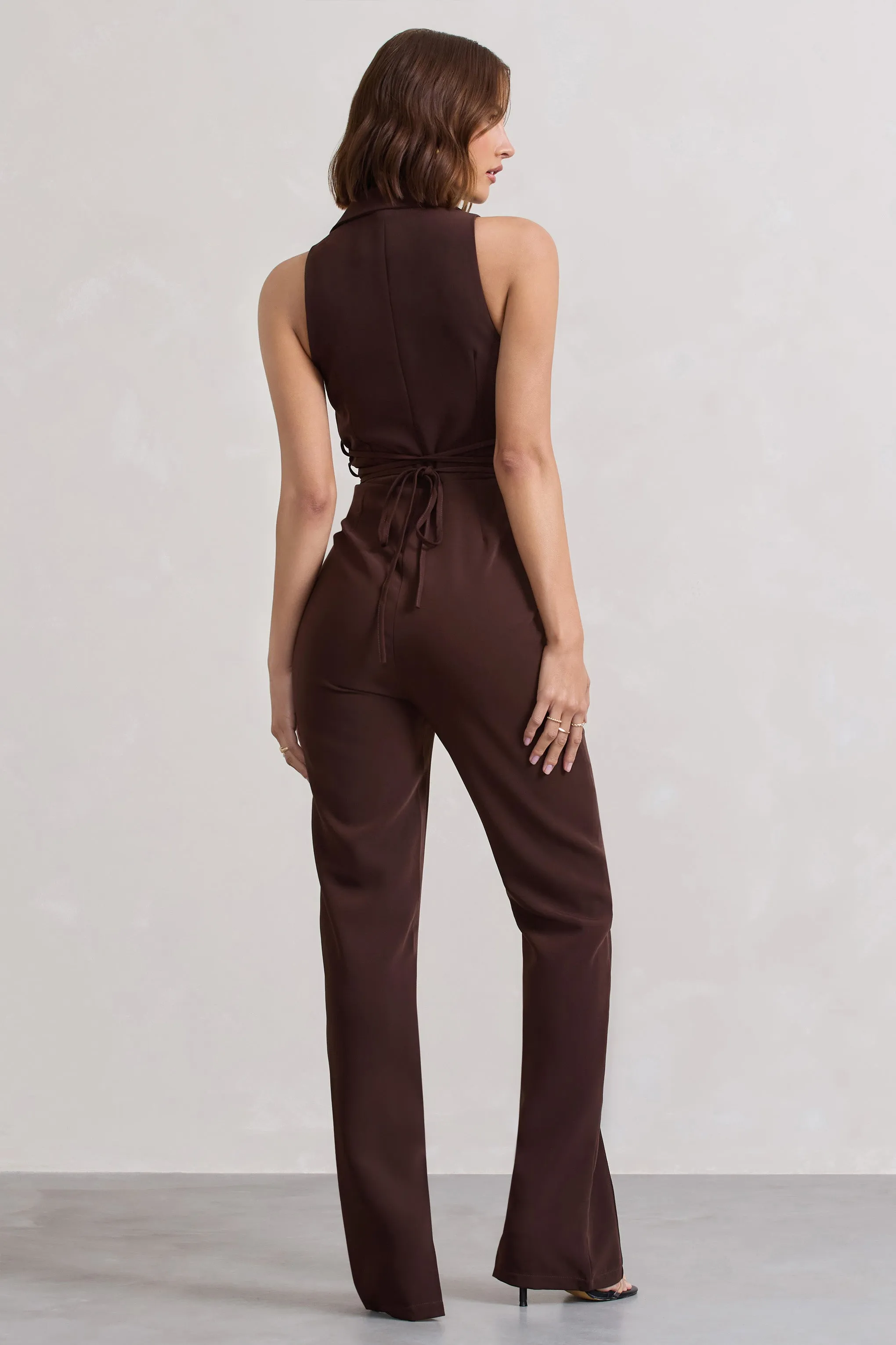 Darcy | Chocolate Brown Plunge Neck Tailored Jumpsuit With Tie Detail sold by Club L London product image thumbnail 3