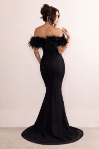 Idyll | Black Lace Bardot Feather Fishtail Maxi Dress sold by Club L London