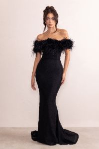 Idyll | Black Lace Bardot Feather Fishtail Maxi Dress sold by Club L London