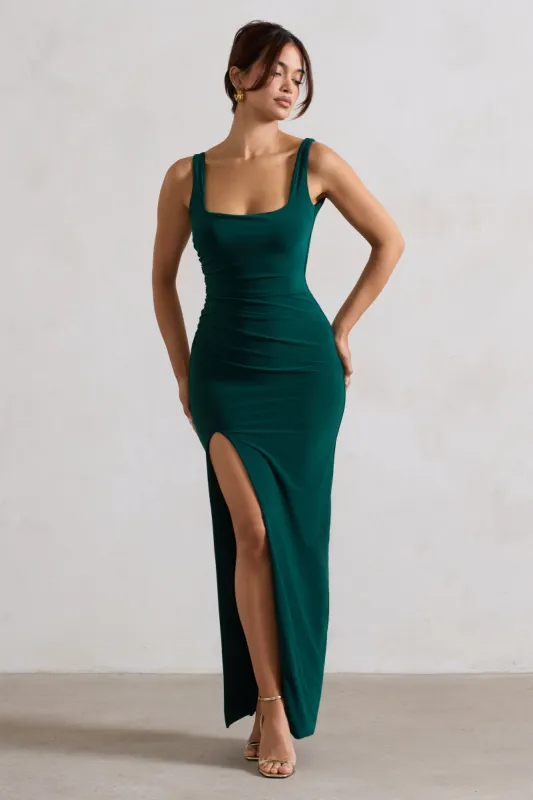 Kate | Bottle Green Square Neck Maxi Dress with Plunge Back and Side Thigh Split sold by Club L London
