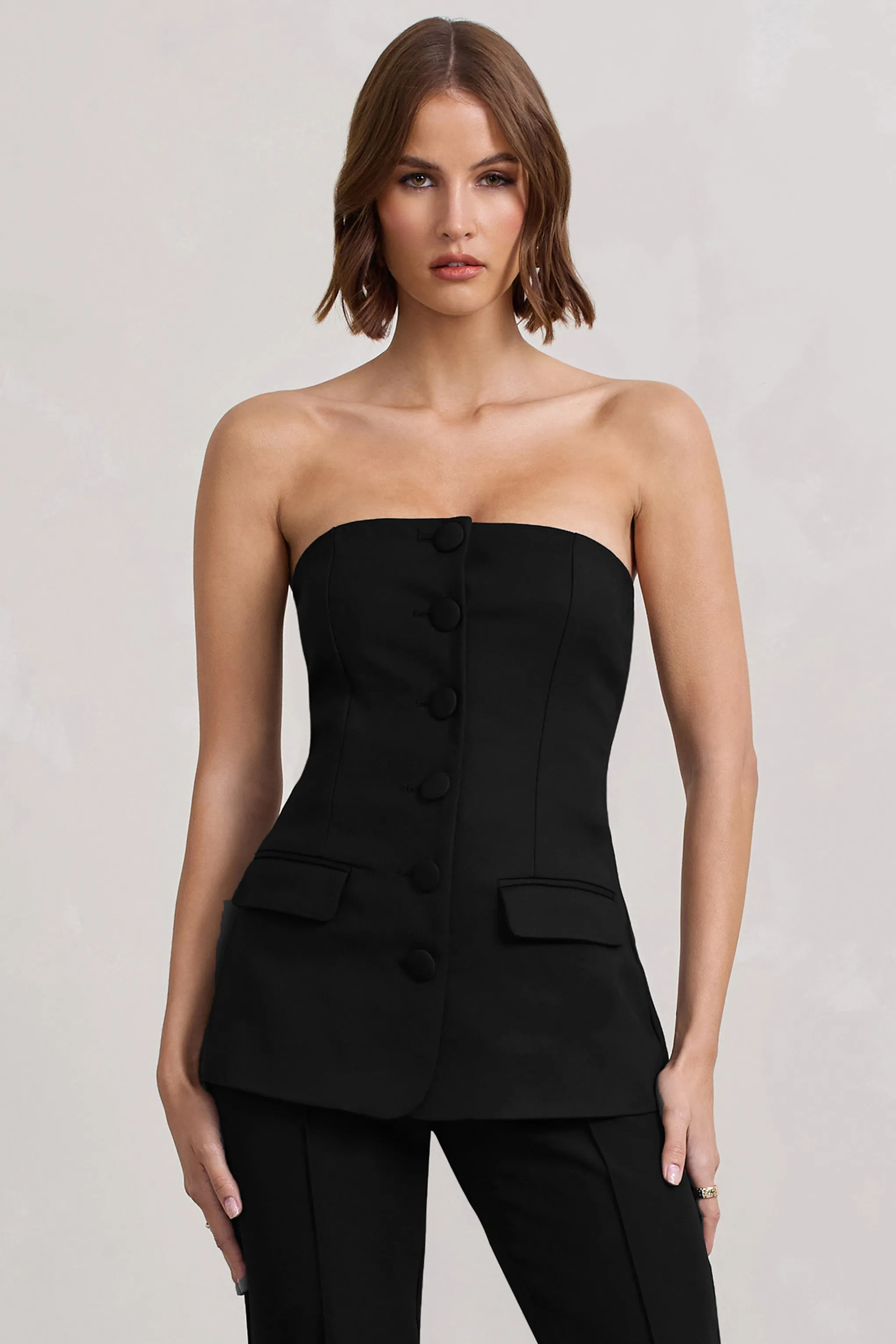 Elliana | Black Strapless Button Front Tailored Top sold by Club L London product image thumbnail 4