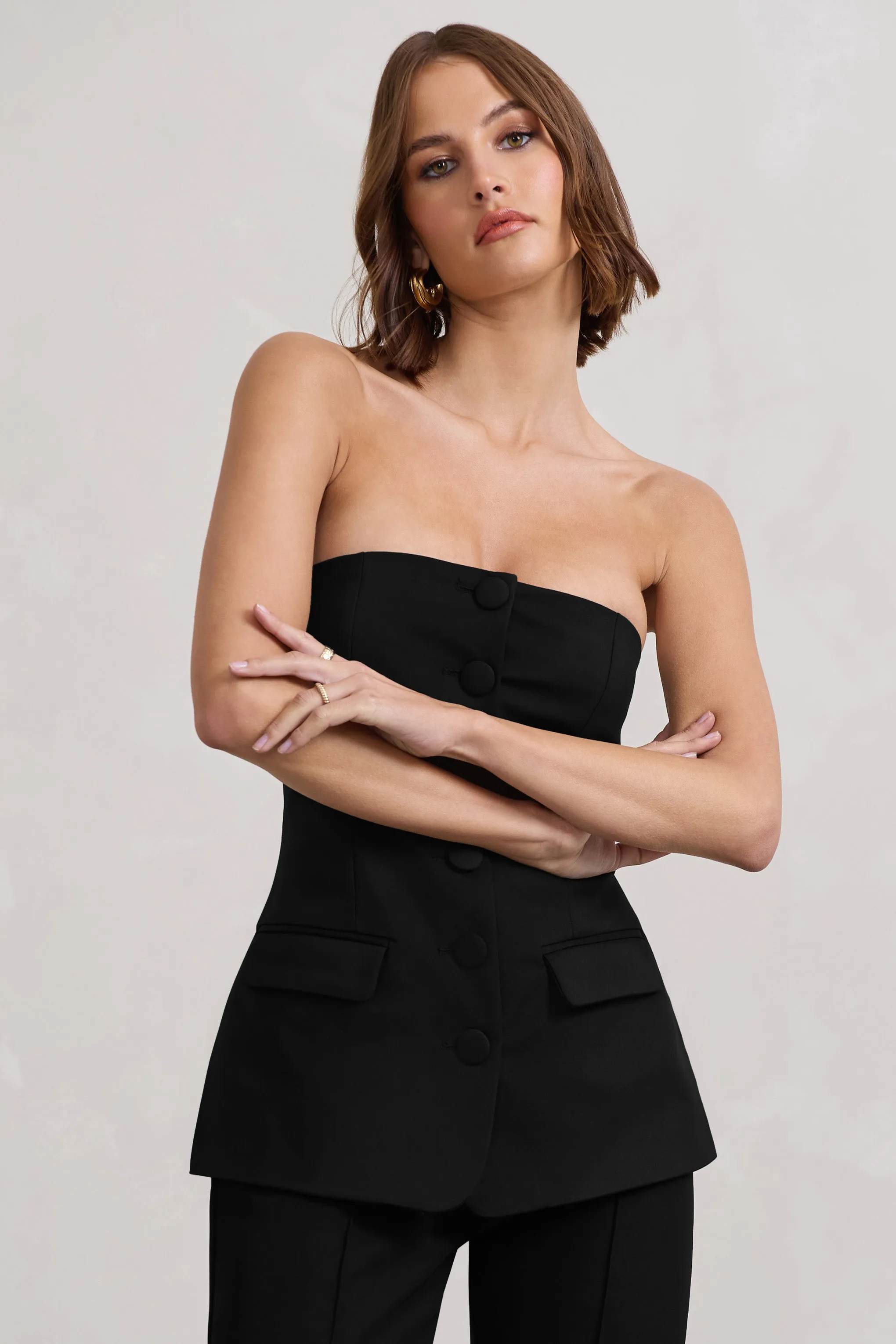 Elliana | Black Strapless Button Front Tailored Top sold by Club L London product image thumbnail 3