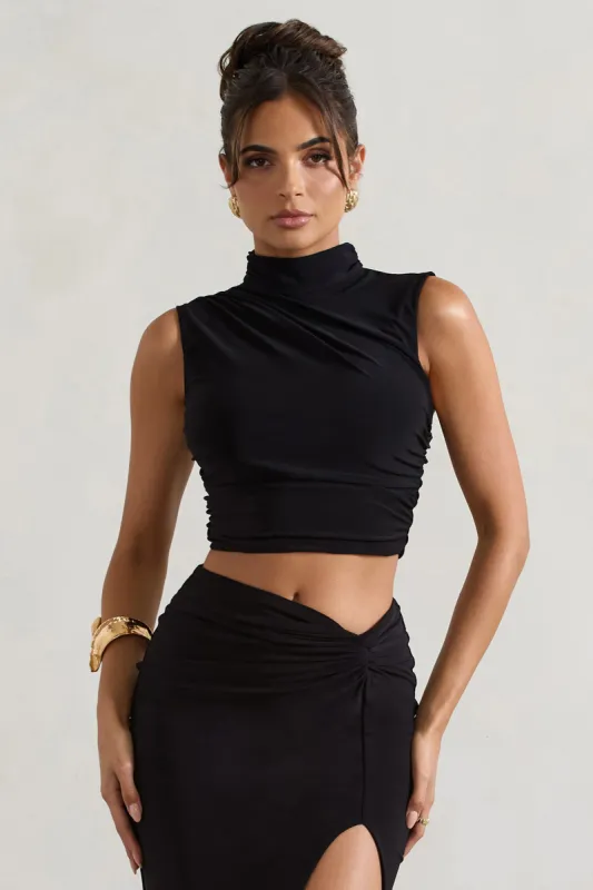 Ischia | Black High-Neck Ruched Top made by Club L London