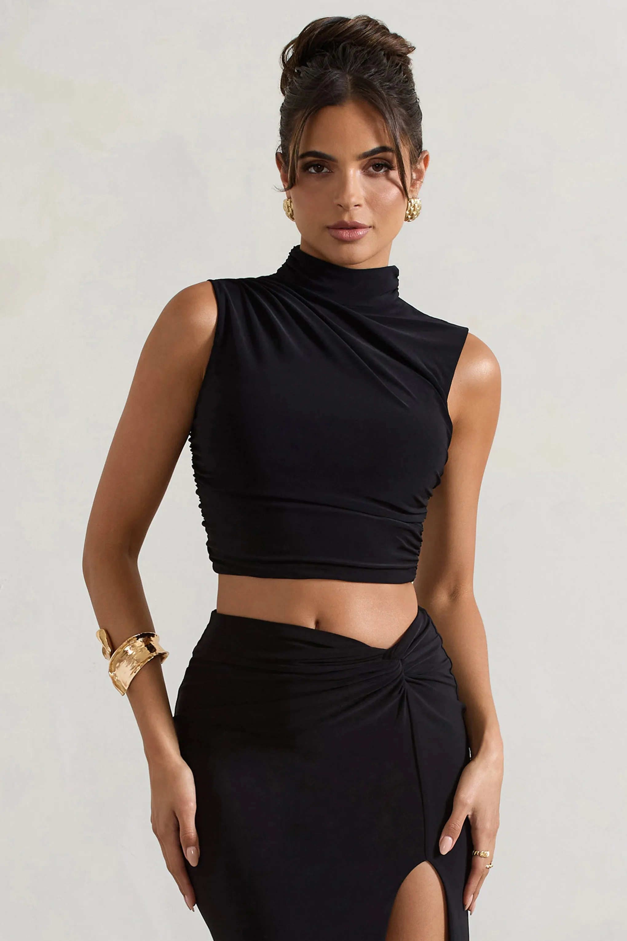 Ischia | Black High-Neck Ruched Top sold by Club L London product image thumbnail 5