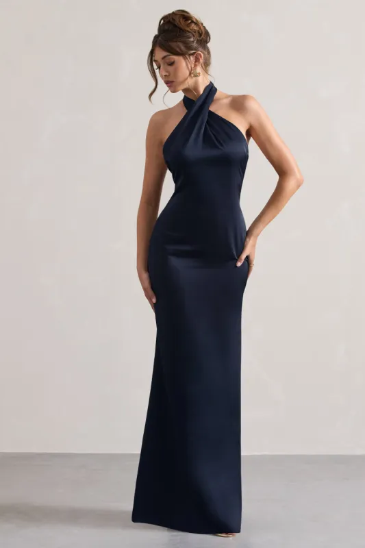 Unbeatable | Navy Satin Cross Over Halterneck Maxi Dress sold by Club L London