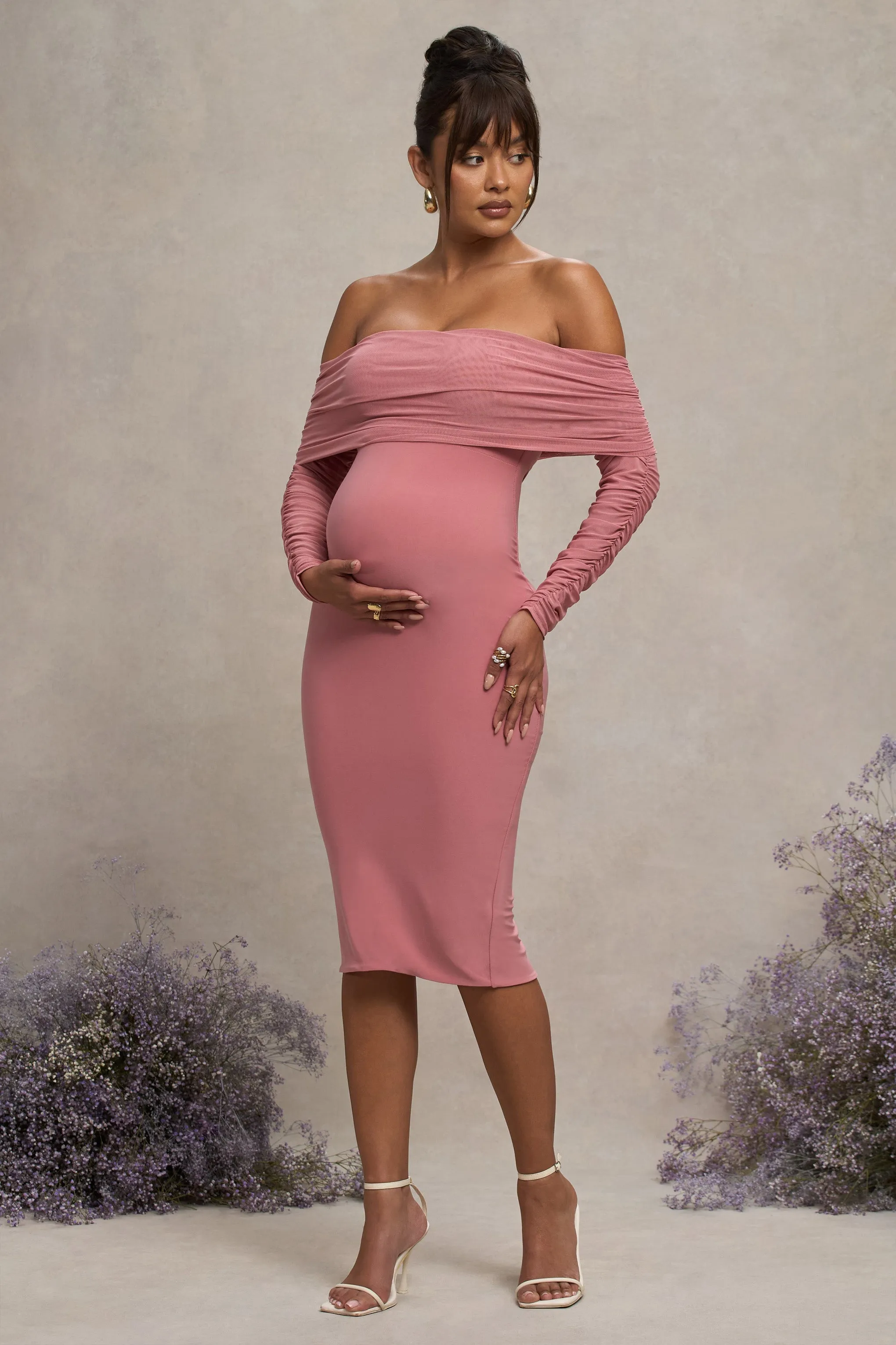 Patiently Waiting | Blush Pink Maternity Ruched Mesh Bardot Midi Dress sold by Club L London product image thumbnail 5