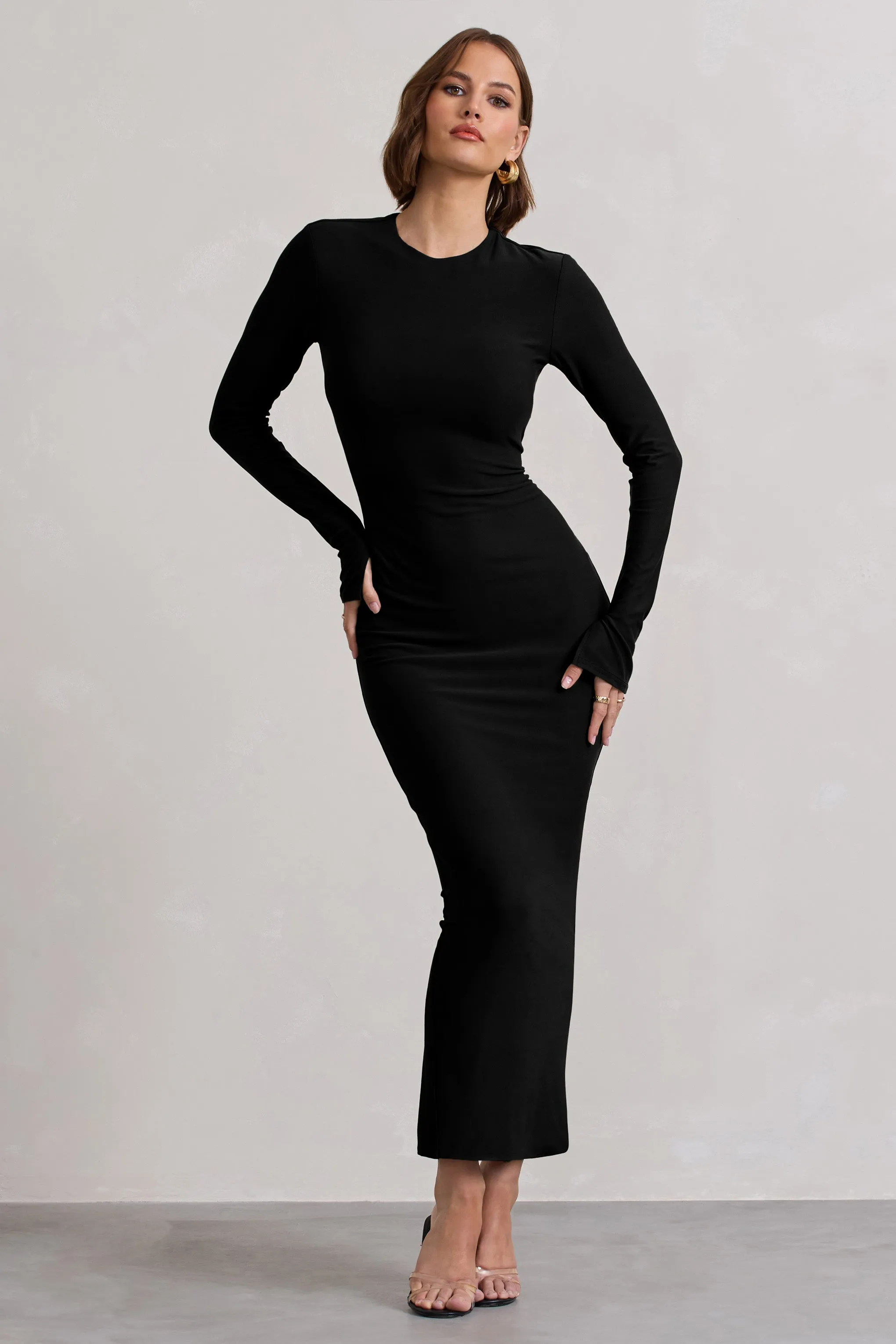 Wonder | Black Bodycon Long-Sleeve Maxi Dress sold by Club L London