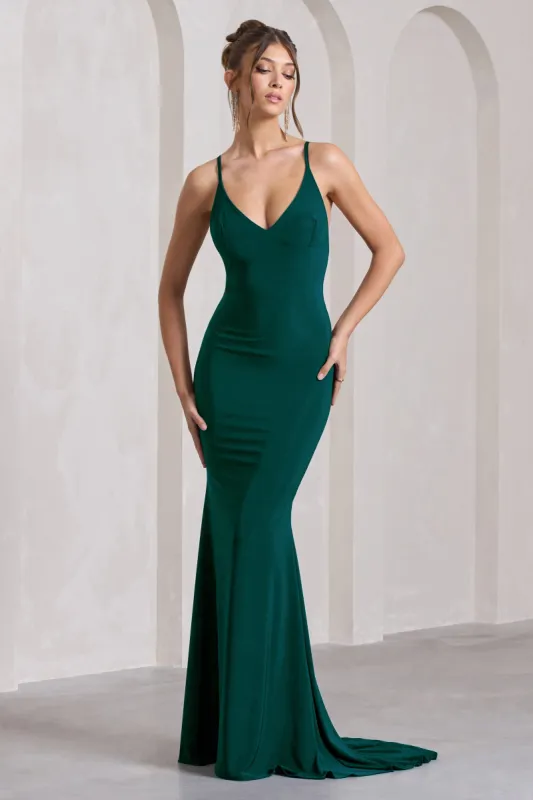 Lucky Number | Bottle Green Cross Back Fishtail Maxi Dress sold by Club L London