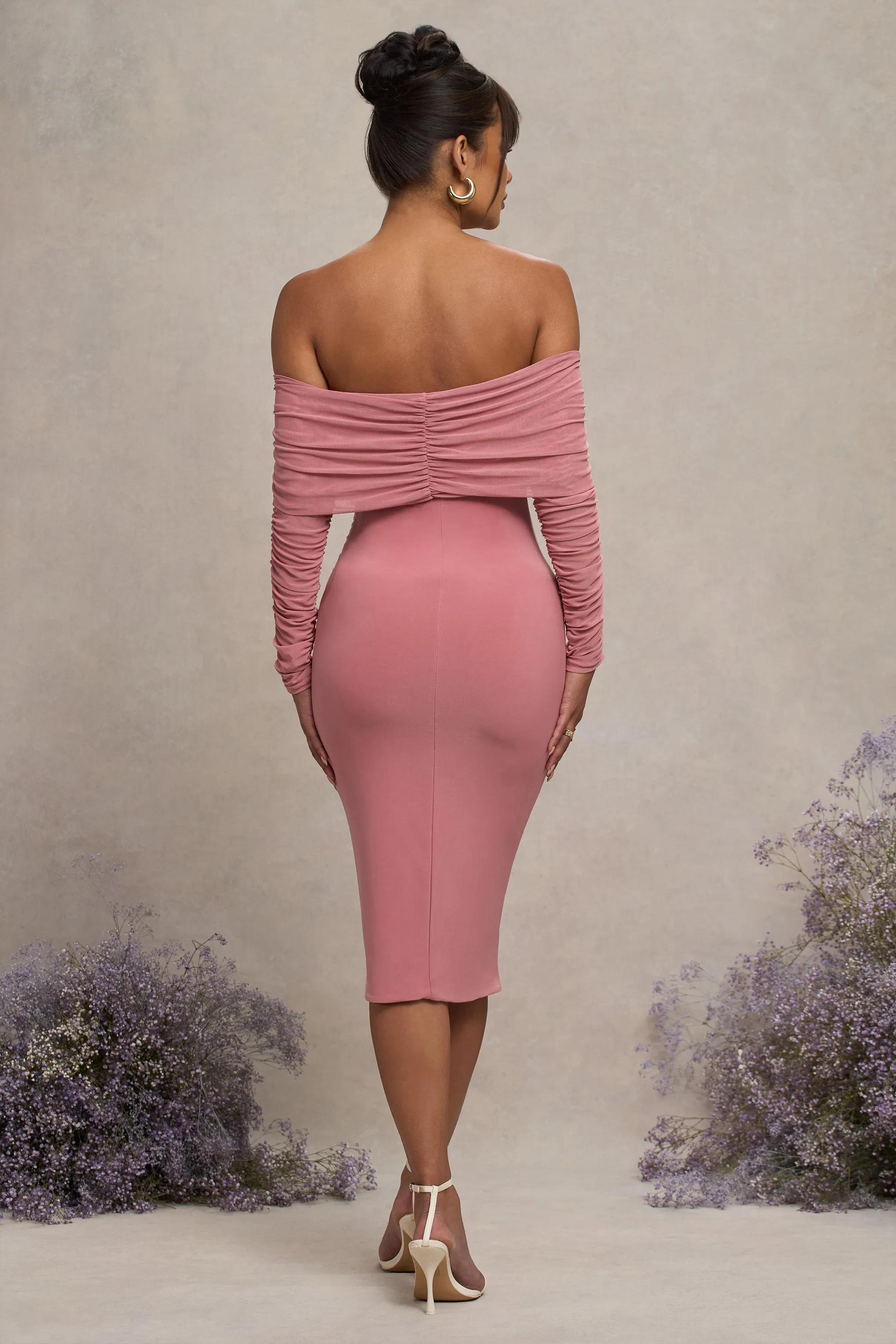 Patiently Waiting | Blush Pink Maternity Ruched Mesh Bardot Midi Dress sold by Club L London product image thumbnail 2