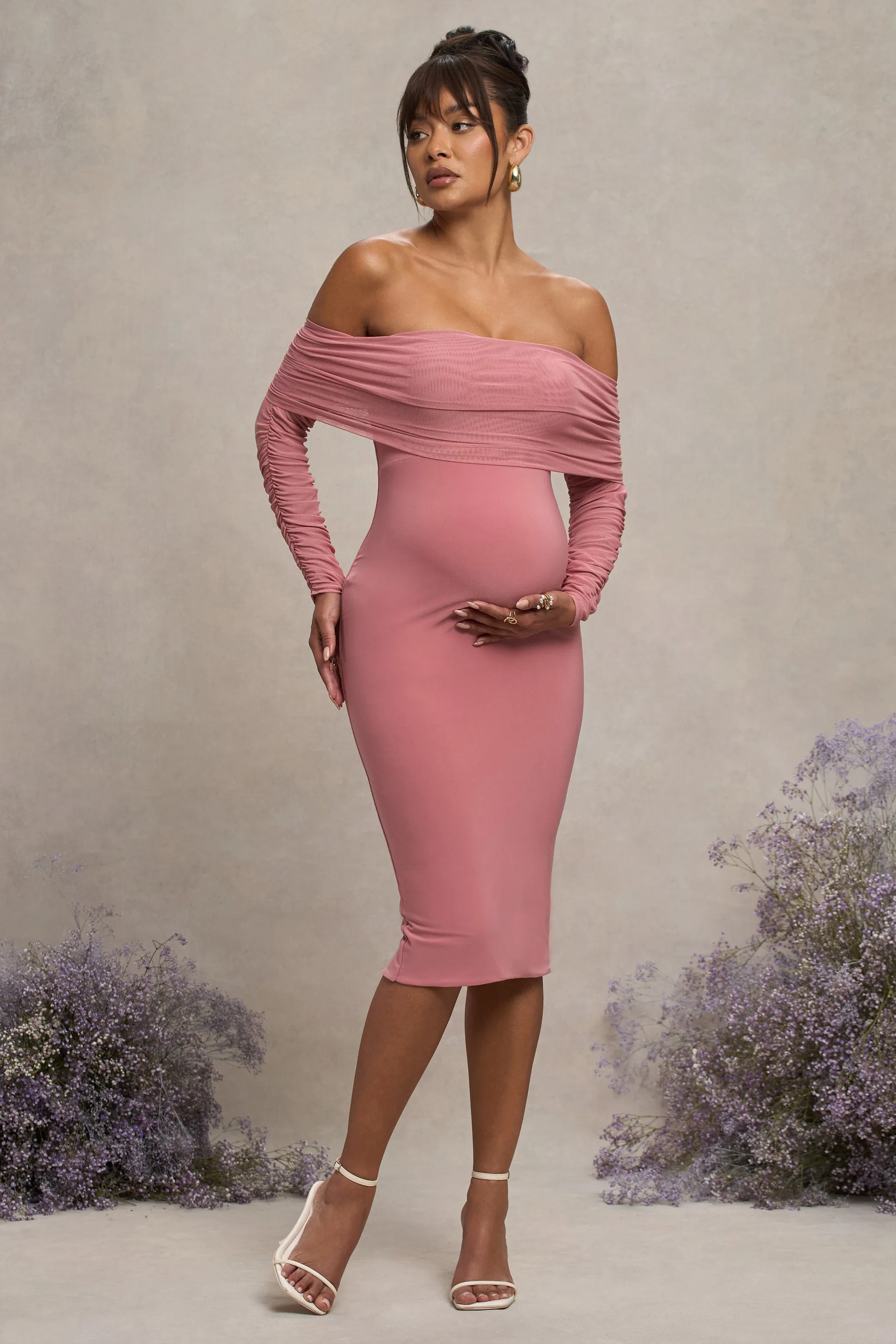 Patiently Waiting | Blush Pink Maternity Ruched Mesh Bardot Midi Dress sold by Club L London product image thumbnail 4