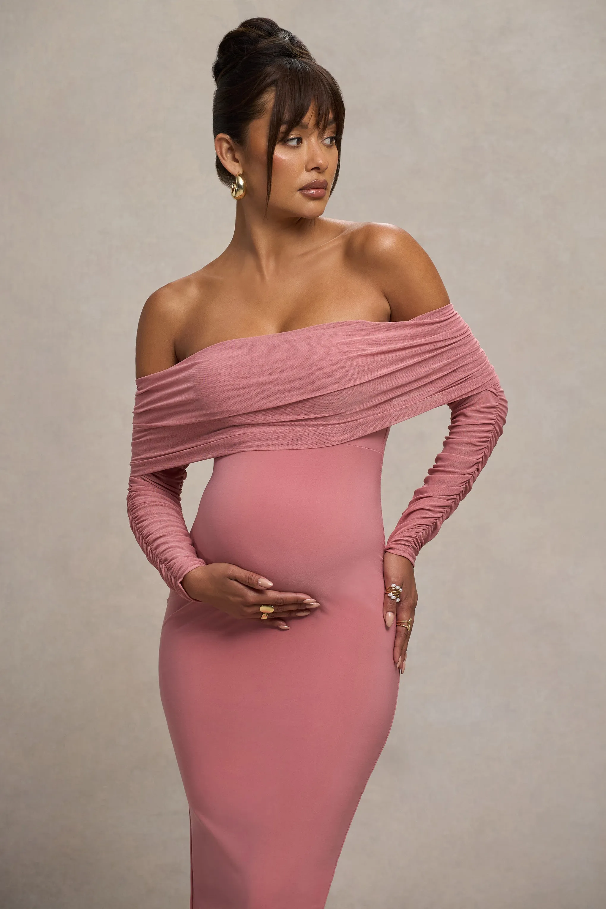 Patiently Waiting | Blush Pink Maternity Ruched Mesh Bardot Midi Dress sold by Club L London product image thumbnail 3