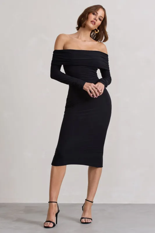 Intercept | Black Bodycon Bardot Tie-Back Midi Dress sold by Club L London