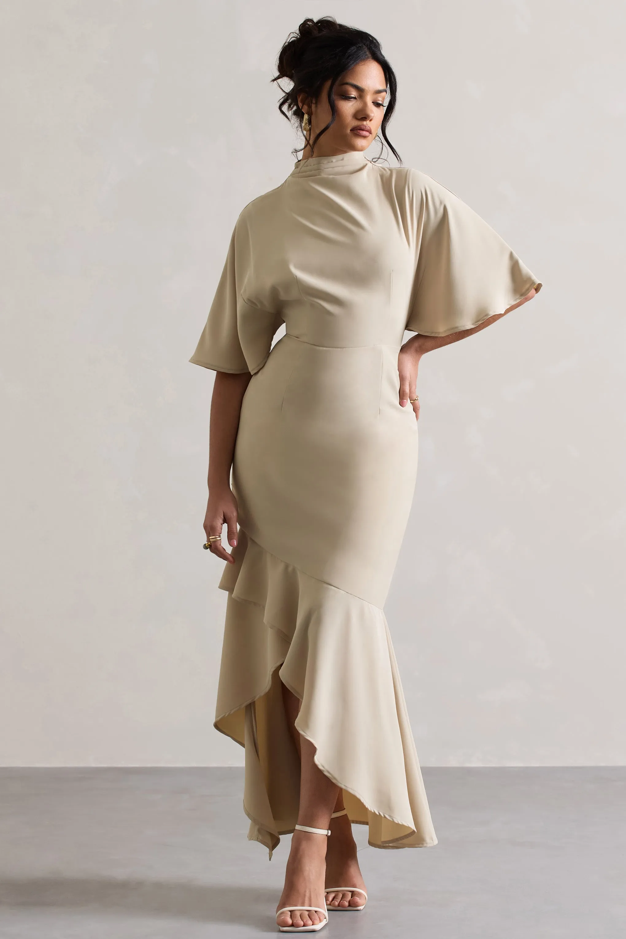 Lavinia | Champagne High-Neck Flutter-Sleeve Asymmetric Maxi Dress sold by Club L London