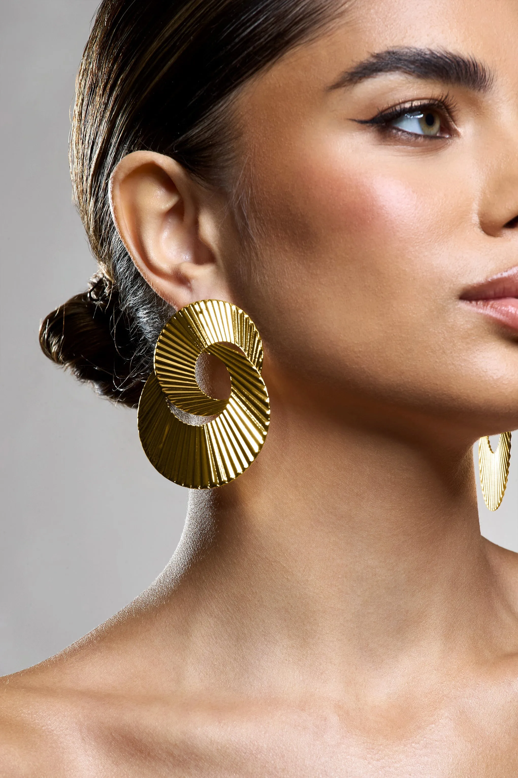 Lenora | Gold Ribbed Layered Circle Earrings sold by Club L London product image thumbnail 2