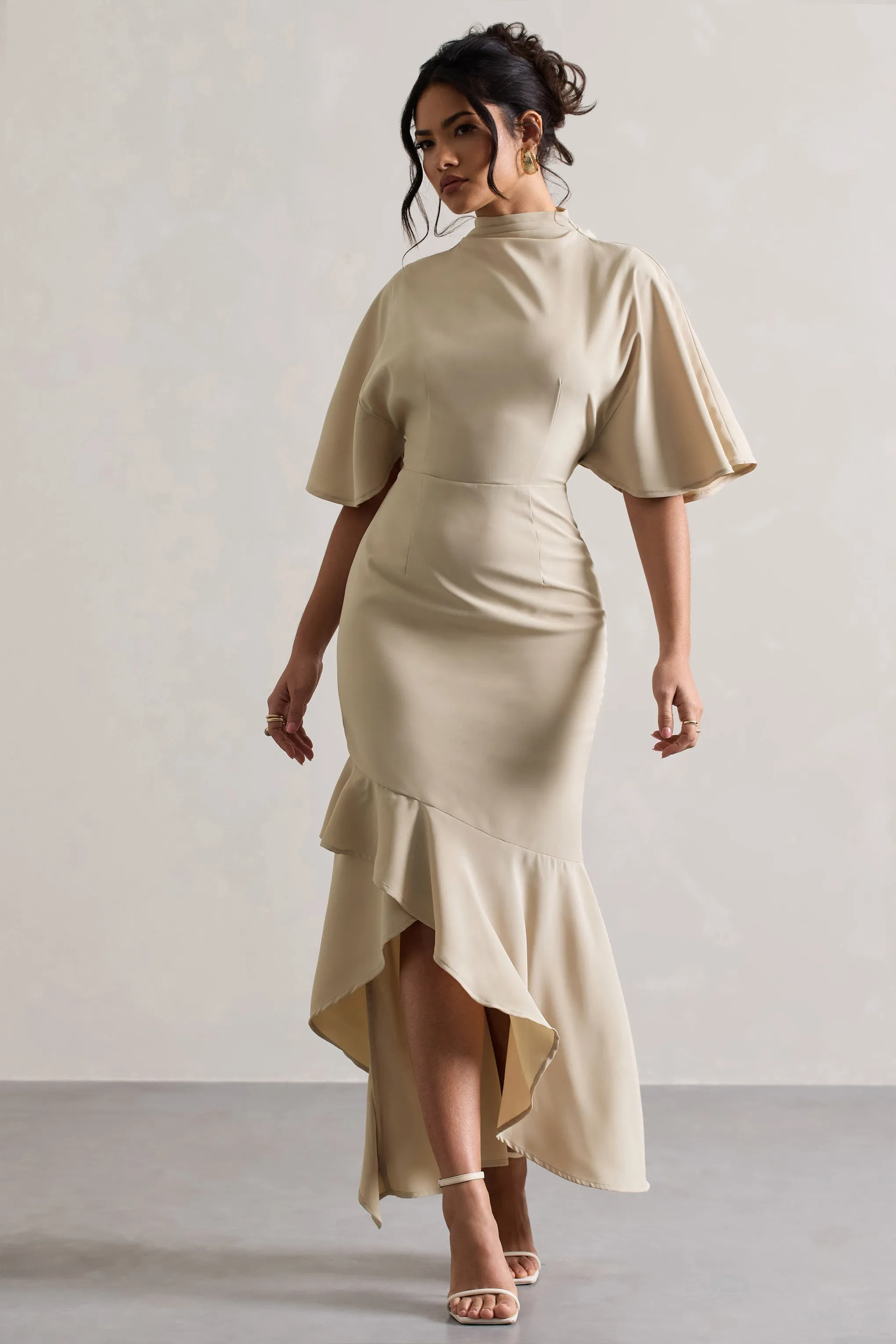 Lavinia | Champagne High-Neck Flutter-Sleeve Asymmetric Maxi Dress sold by Club L London product image thumbnail 5