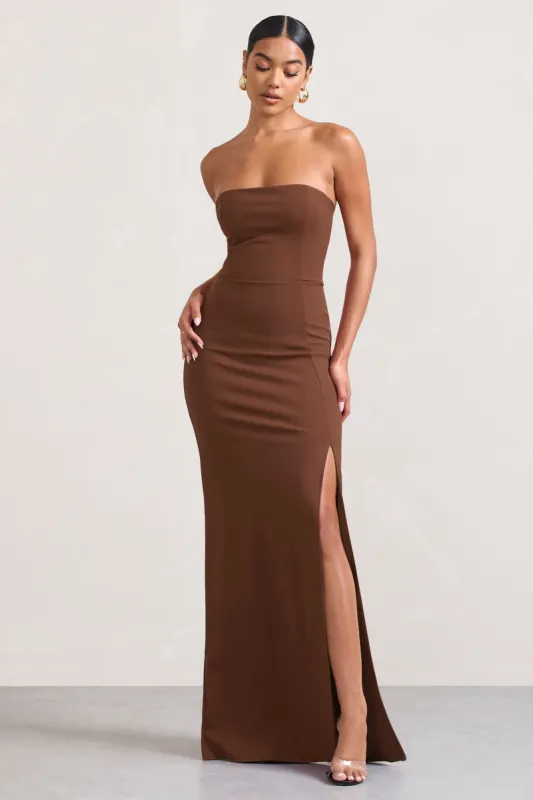 Belle of The Ball | Brown Bandeau Maxi Dress With Split Hem sold by Club L London