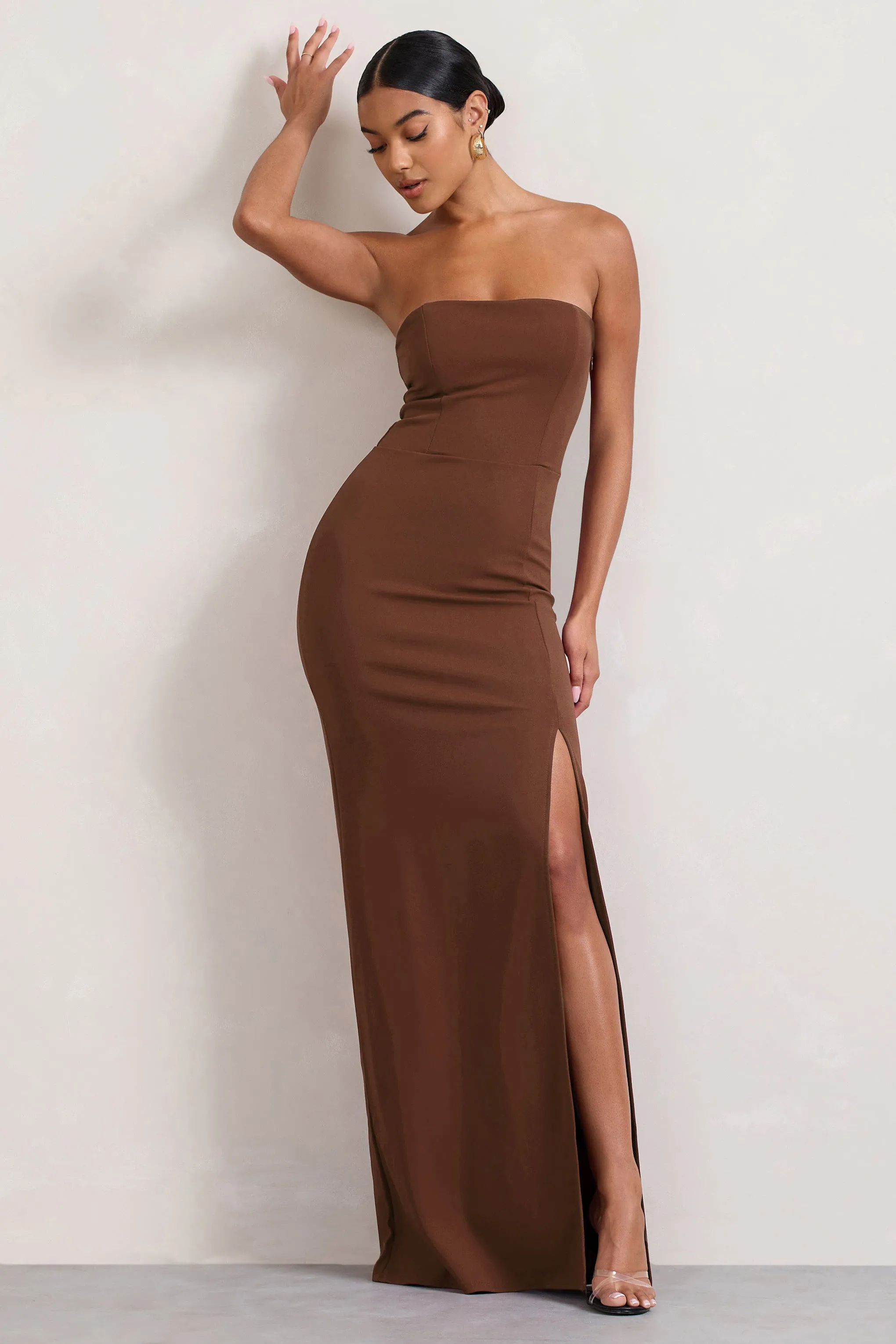 Belle of The Ball | Brown Bandeau Maxi Dress With Split Hem | Parallel Belle of The Ball | Brown Bandeau Maxi Dress With Split Hem | Parallel