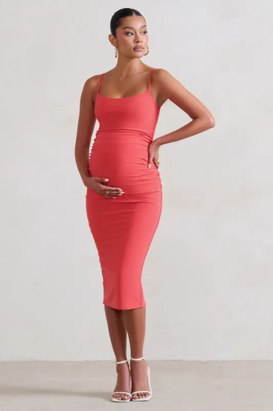Raquel | Coral Maternity Cami Midi Dress With Split sold by Club L London