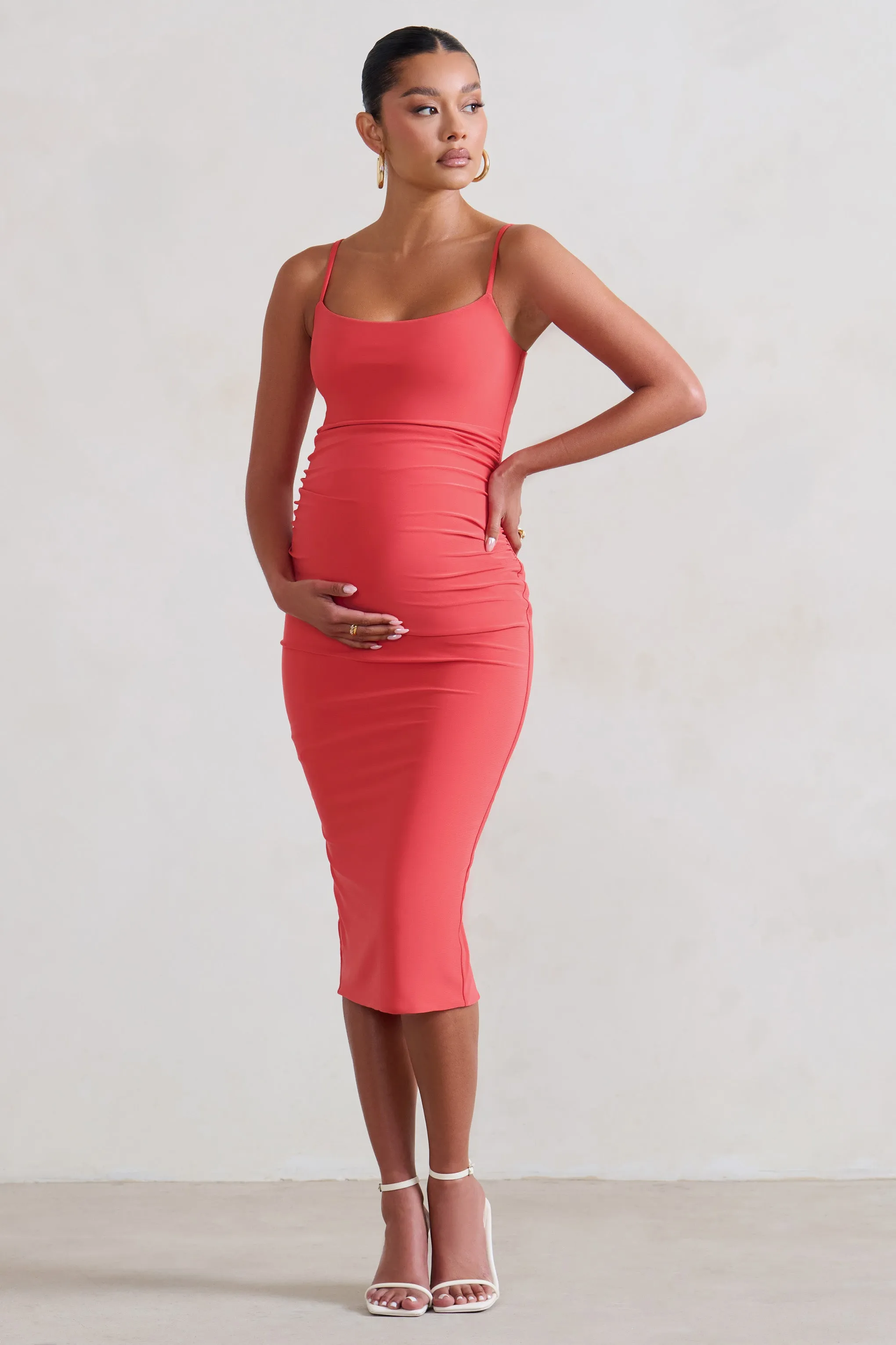 Raquel | Coral Maternity Cami Midi Dress With Split sold by Club L London
