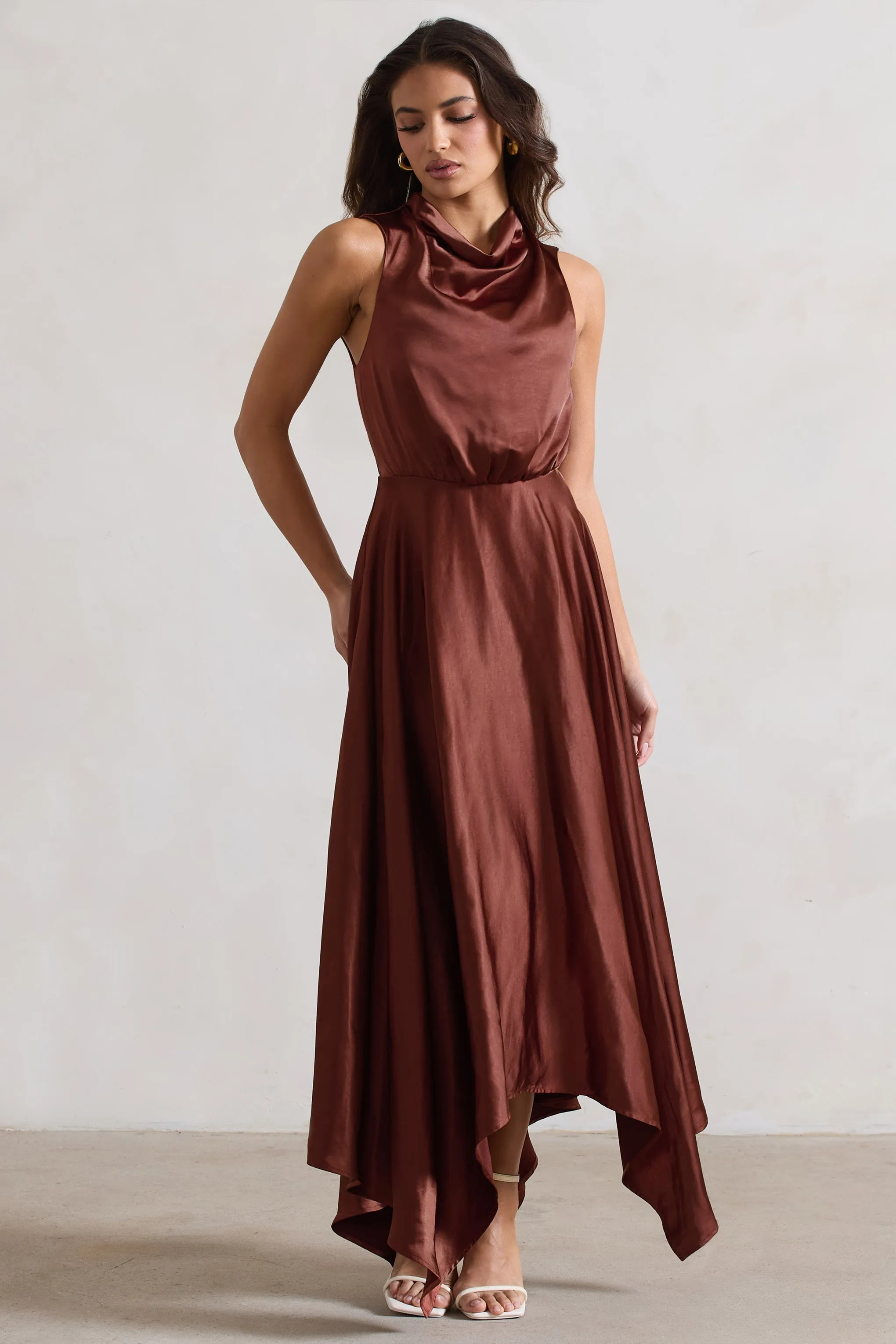 Kerri | Chocolate Brown Satin Cowl-Neck Maxi Dress sold by Club L London product image thumbnail 4