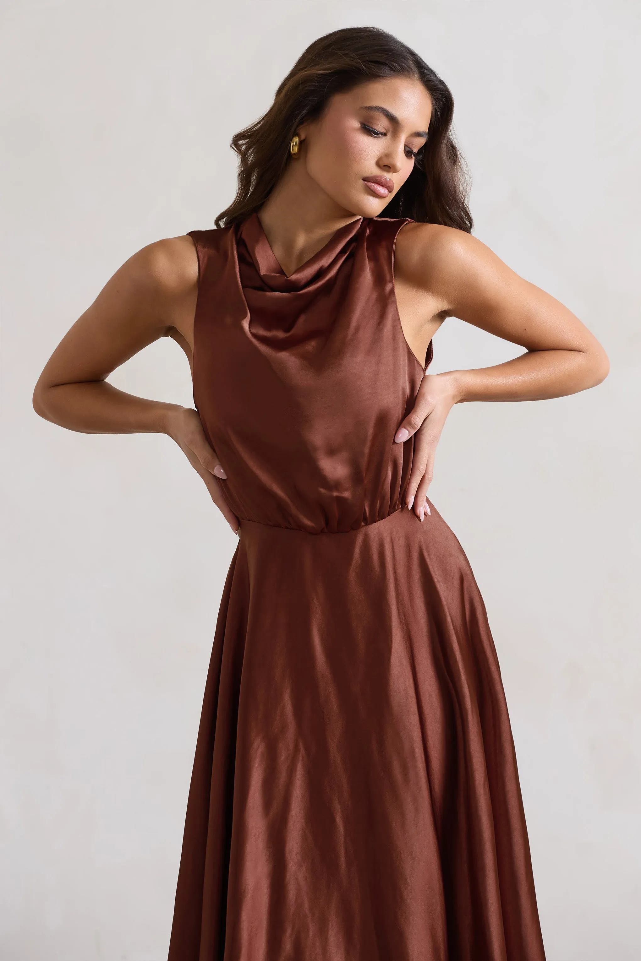 Kerri | Chocolate Brown Satin Cowl-Neck Maxi Dress sold by Club L London product image thumbnail 3
