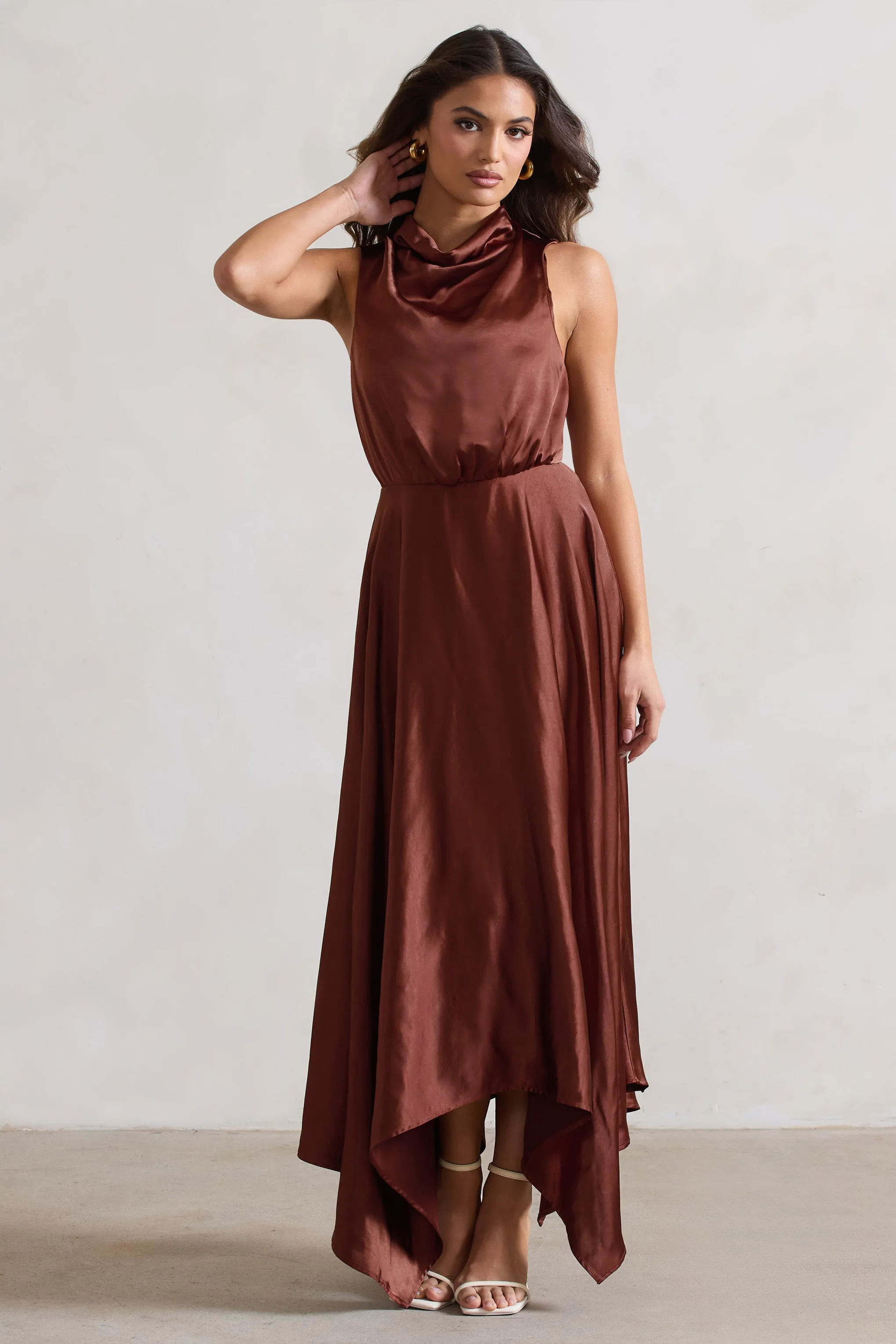 Kerri | Chocolate Brown Satin Cowl-Neck Maxi Dress sold by Club L London