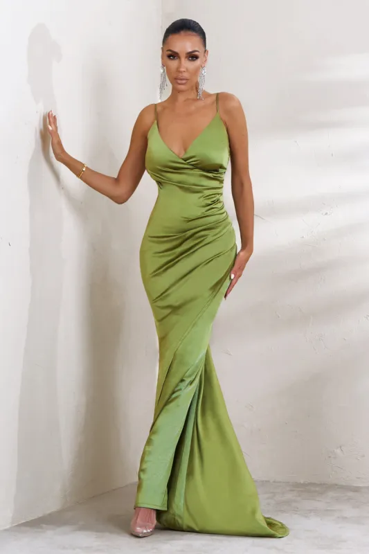 Serene | Green Satin Wrap Front Maxi Dress sold by Club L London