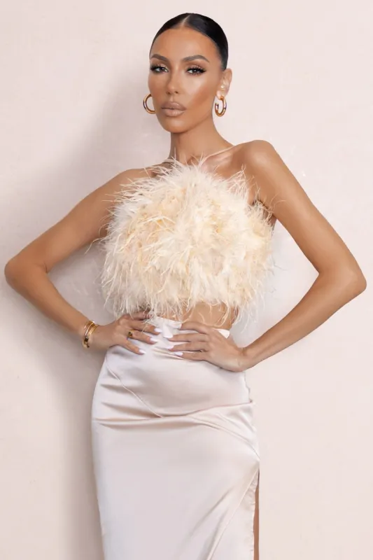 Ever-Evolving | Champagne Halter Neck Feather Crop Top With Backless Knot Detail sold by Club L London