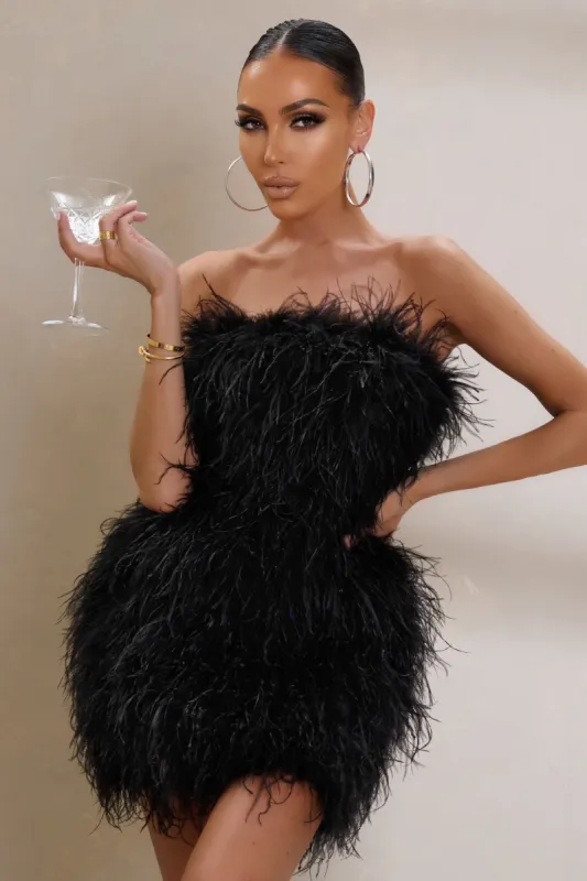 Out On The Town | Black Feather Bandeau Mini Dress sold by Club L London