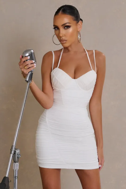 Amour | White Ruched Mesh Mini Dress sold by Club L London