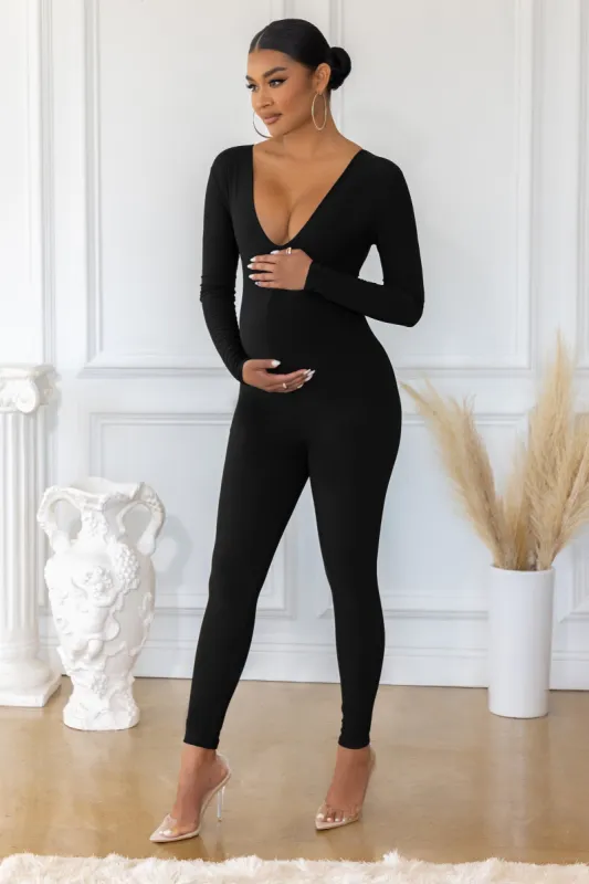 My World | Black Maternity V Neck Long Sleeve Jumpsuit made by Club L London