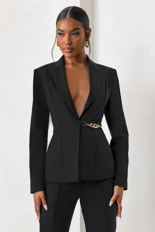 Chiara | Black Plunge Neck Tailored Blazer With Chain Detail sold by Club L London