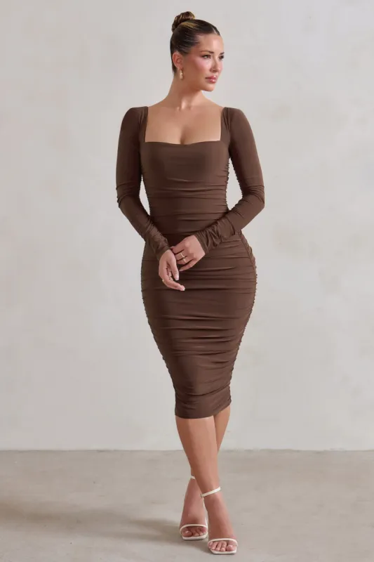 Seductress | Dark Chocolate Long Sleeve Square Neck Ruched Midi Dress sold by Club L London