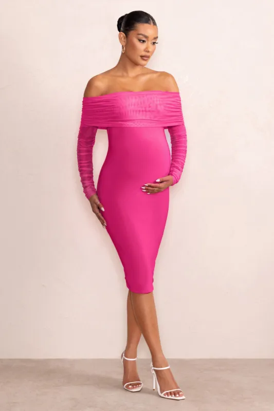 Patiently Waiting | Hot Pink Maternity Ruched Mesh Bardot Midi Dress sold by Club L London