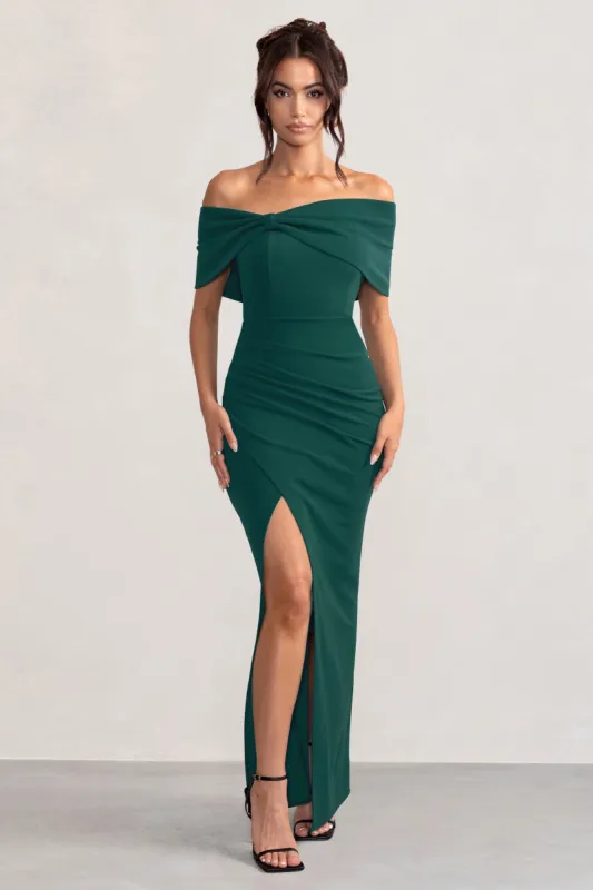 Eva | Bottle Green Bardot Bow Detail Maxi Dress With Thigh Split sold by Club L London