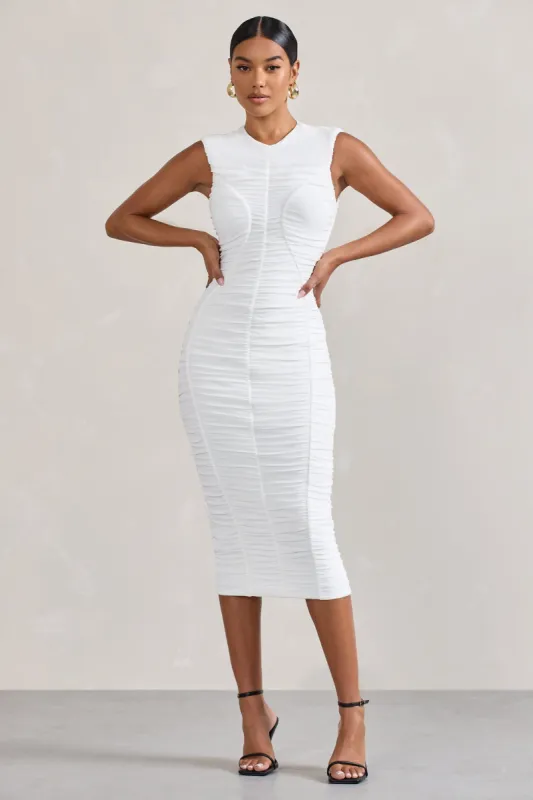 Alight  | White Ruched Mesh Sleeveless Bodycon Midi Dress sold by Club L London