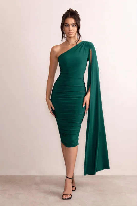 Yara | Bottle Green One Shoulder Cape Ruched Midi Dress sold by Club L London