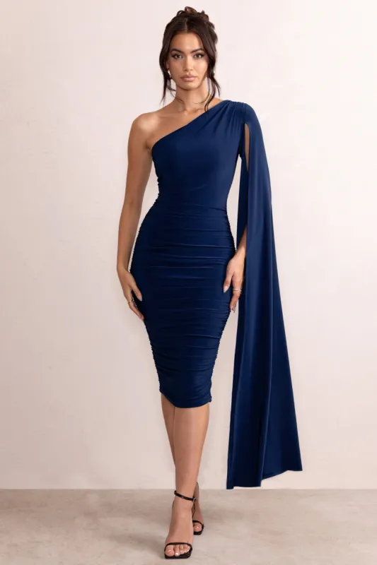 Yara | Navy One Shoulder Cape Ruched Midi Dress sold by Club L London