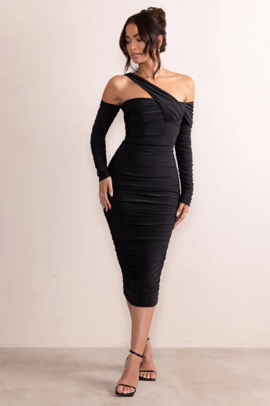 Elodie | Black Asymmetric Bardot Gathered Ruched Midi Dress With Long Sleeves sold by Club L London